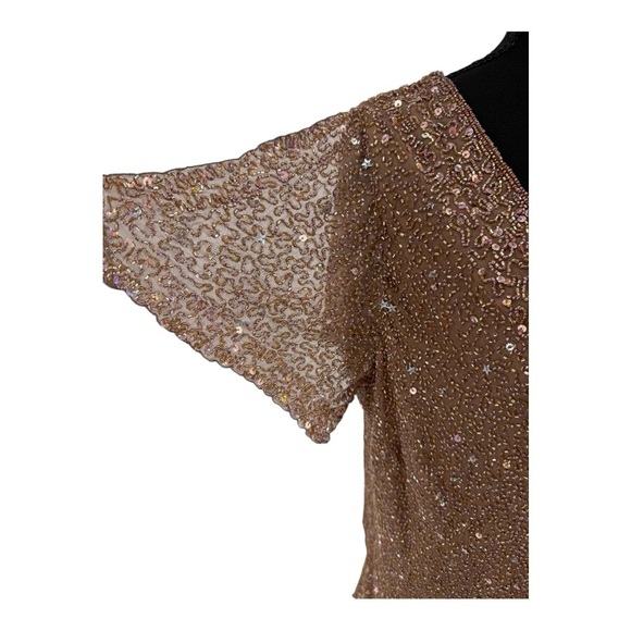 Adrianna Papell Boutique 1X Silk Beaded Sequin Blouse Sparkling Stars Golden NWT - Picture 2 of 15